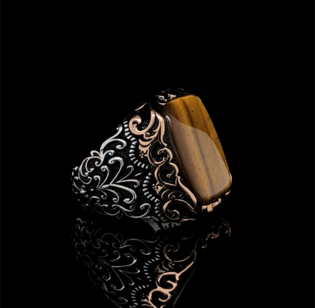 RARE PRINCE by CARAT SUTRA | Unique Designed Turkish Style Ring with Natural Tiger Eye | 925 Sterling Silver Oxidized Ring | Men's Jewelry | With Certificate of Authenticity and 925 Hallmark