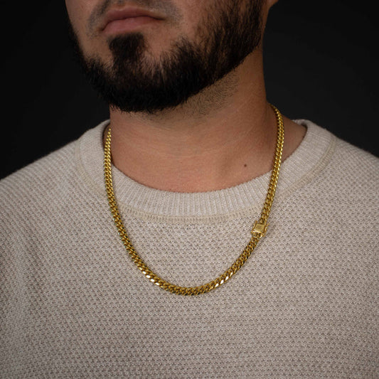 RARE PRINCE by CARAT SUTRA | Solid 8mm Miami Cuban Link Chain with Plain Lock (22K Yellow Gold Plated) | 925 Sterling Silver Chain | Men's Jewelry | With Certificate of Authenticity and 925 Hallmark