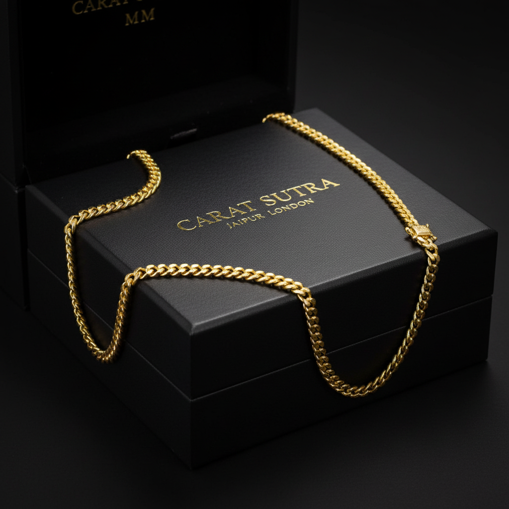 RARE PRINCE by CARAT SUTRA | Solid 8mm Miami Cuban Link Chain with Plain Lock (22K Yellow Gold Plated) | 925 Sterling Silver Chain | Men's Jewelry | With Certificate of Authenticity and 925 Hallmark - caratsutra