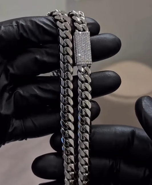 Solid 12mm Miami Cuban Link Chain with Iced Lock | White Rhodium Plated on 925 Sterling Silver Chain with AAA+ Quality Swarovski Diamonds | With Certificate of Authenticity and 925 Hallmark