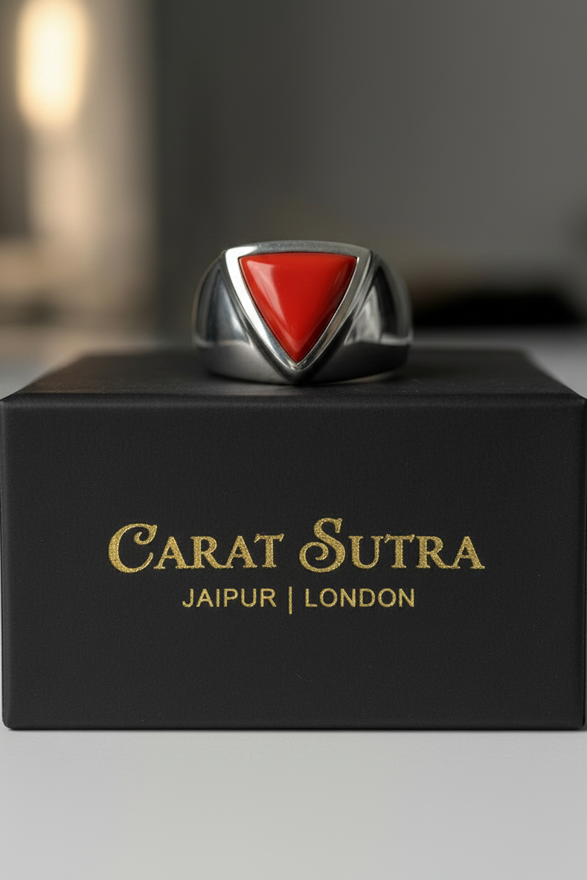 Classic Triangular shaped 8ct Natural Red Coral (Moonga) | 925 Sterling Silver Oxidized Ring | With Certificate of Authenticity and 925 Hallmark