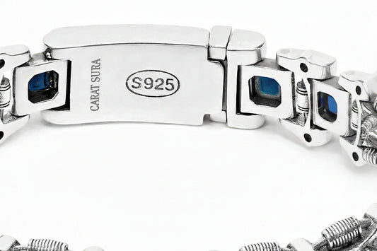 18mm Leo - Lion Retro Bracelet in Oxidised Finish studded with Blue Zircon | 925 Sterling Silver with Hallmark