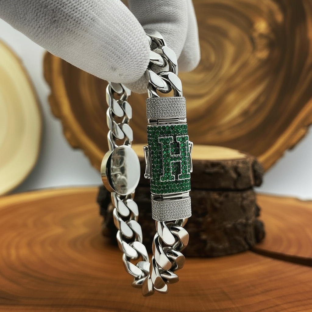 Unique 13mm Solid Cuban High Polished Lion Bracelet with Iced custom Letter Lock for Men | 925 Sterling Silver Bracelet | Men's Jewelry | With Certificate of Authenticity and 925 Hallmark