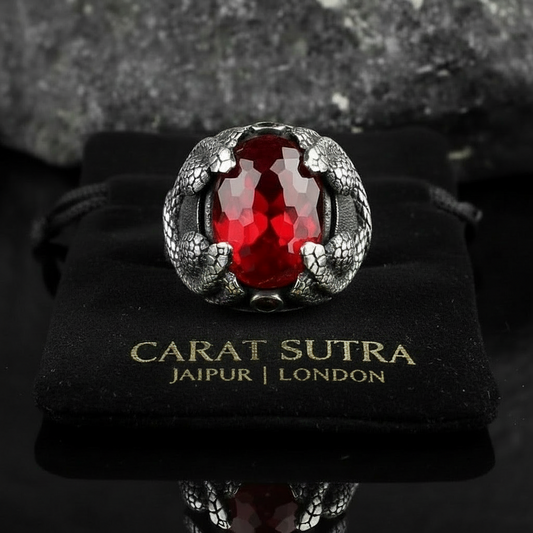 RARE PRINCE by CARAT SUTRA | Unique Designed Snake Ring with Red Zircon | 925 Sterling Silver Oxidized Ring | Men's Jewelry | With Certificate of Authenticity and 925 Hallmark - caratsutra