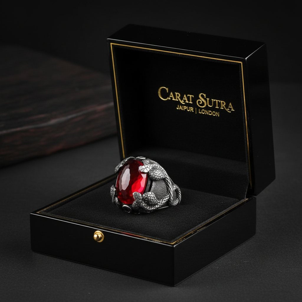 RARE PRINCE by CARAT SUTRA | Unique Designed Snake Ring with Red Zircon | 925 Sterling Silver Oxidized Ring | Men's Jewelry | With Certificate of Authenticity and 925 Hallmark - caratsutra