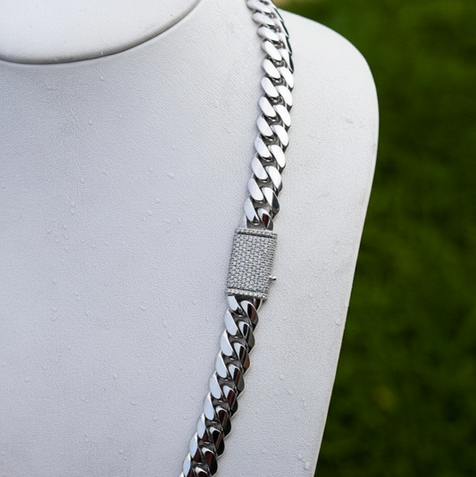 RARE PRINCE by CARAT SUTRA | Solid 12mm Miami Cuban Link Chain with Iced Lock | 22kt Gold Micron Plated on 925 Sterling Silver Chain with AAA+ Quality Swarovski Diamonds | Men's Jewelry | With Certificate of Authenticity and 925 Hallmark - caratsutra