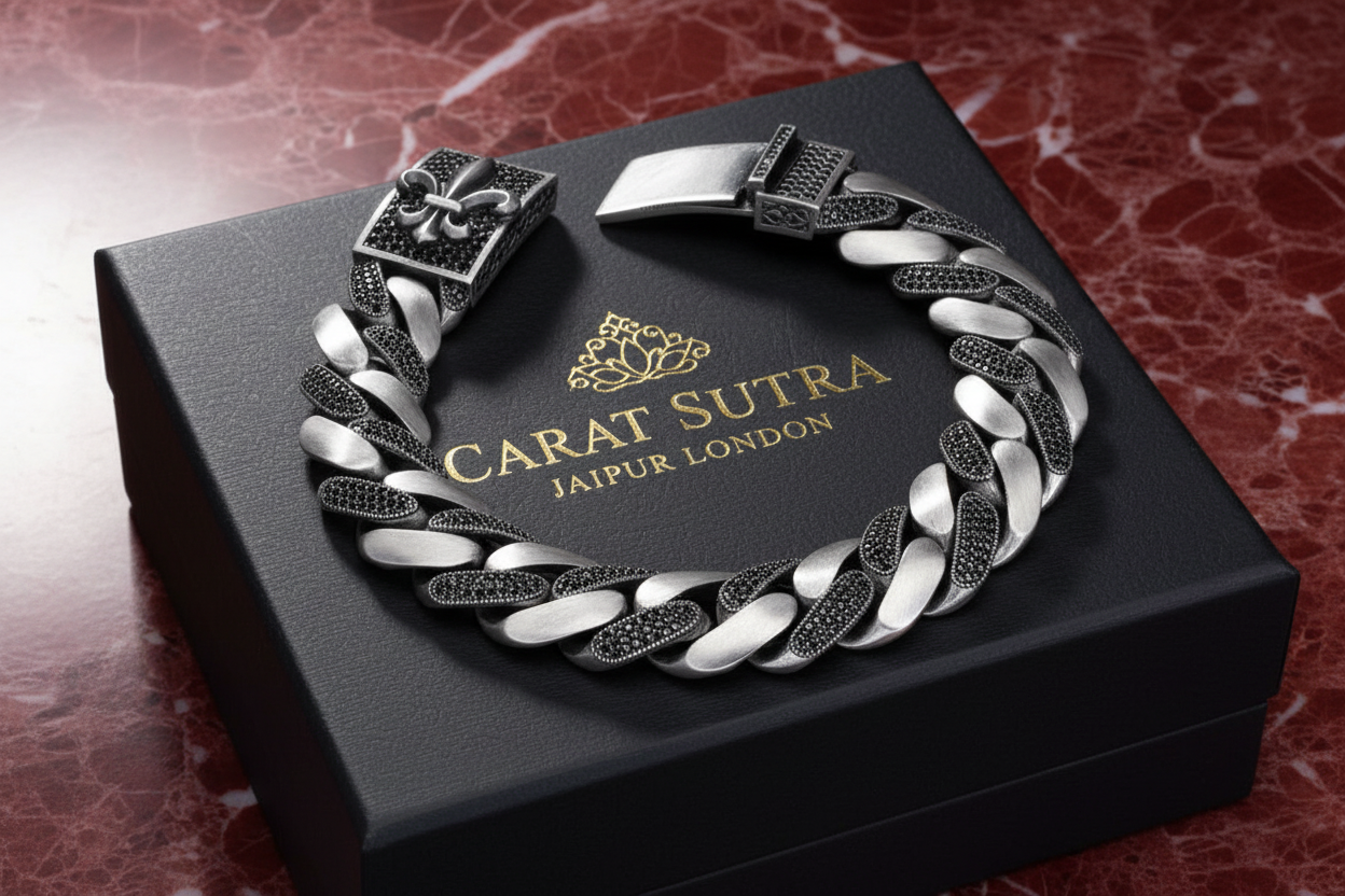 16mm wide Unique Fleur-De-Lis Black Iced Cuban Link Bracelet for Men | Dark Oxidized 925 Silver Bracelet | Men's Jewelry | With Certificate of Authenticity and 925 Hallmark - caratsutra