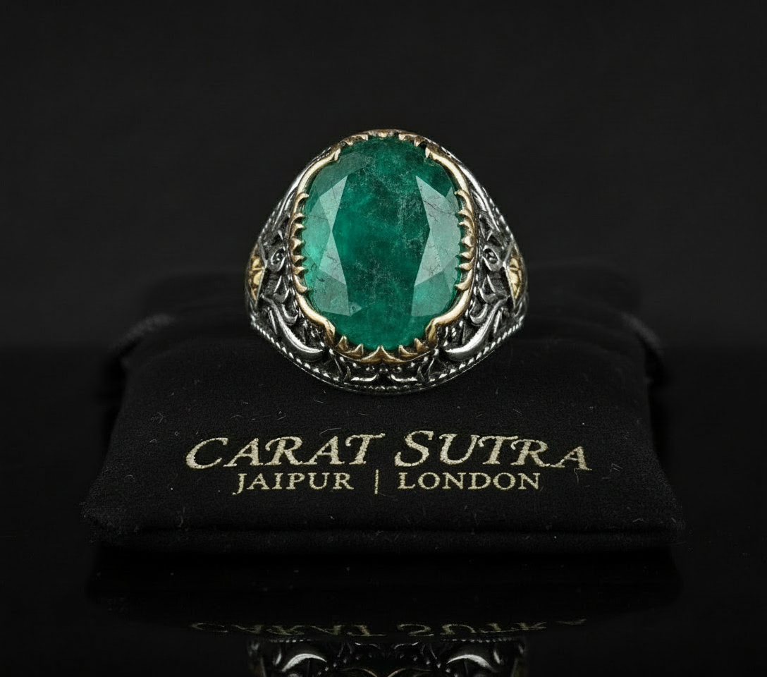 Unique Designed Turkish Style Ring with 8.5ct Natural Emerald | 925 Sterling Silver Oxidized Ring | With Certificate of Authenticity and 925 Hallmark - caratsutra