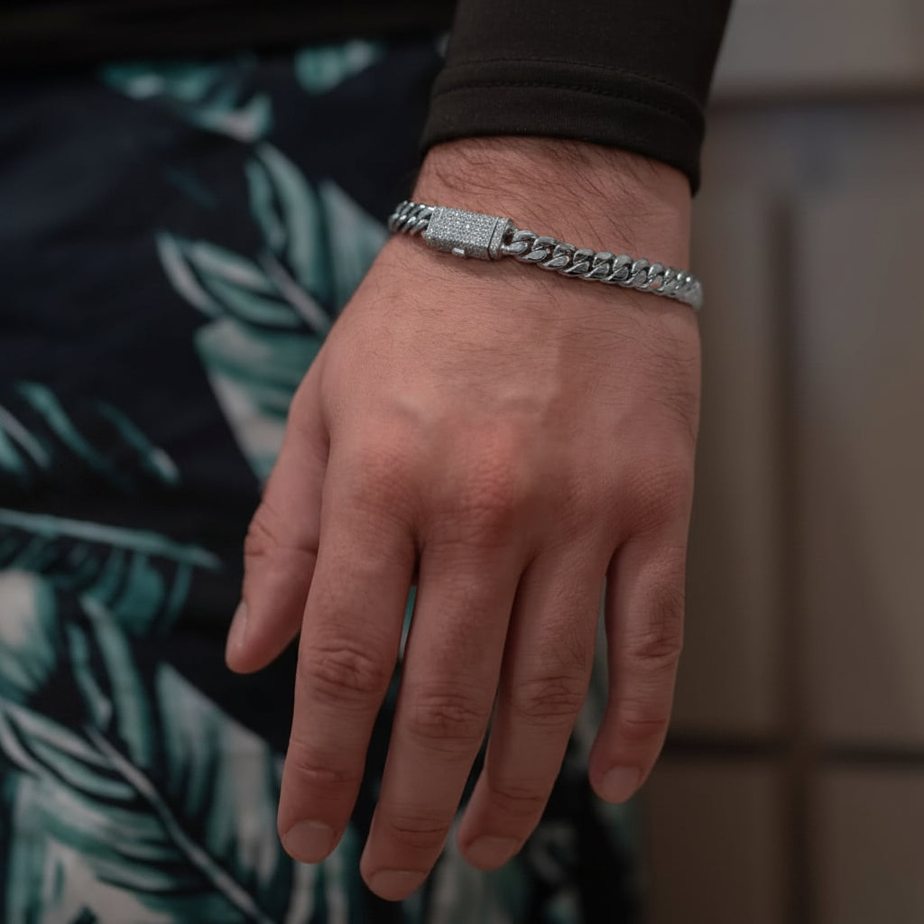 RARE PRINCE by CARAT SUTRA | Solid 8mm Miami Cuban Link Bracelet with Plain Lock (Rhodium Plated) | 925 Sterling Silver Chain | With Certificate of Authenticity and 925 Hallmark
