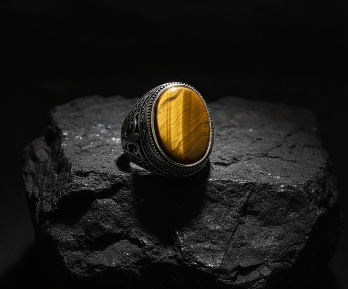 RARE PRINCE by CARAT SUTRA | Unique Designed Turkish Style Ring with Natural Tiger Eye | 925 Sterling Silver Oxidized Ring | Men's Jewelry | With Certificate of Authenticity and 925 Hallmark