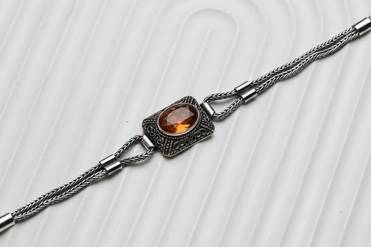 Unique Natural 9 Ct Hessonite (Gomed) stone hand beaded Bracelet for Men | Oxidized 925 Silver Bracelet | Men's Jewelry | With Certificate of Authenticity and 925 Hallmark - caratsutra