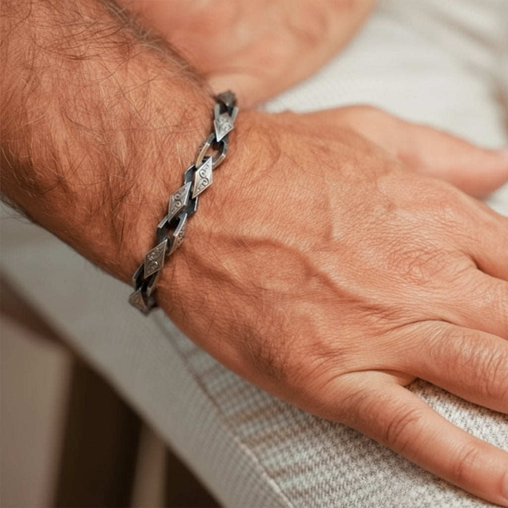 RARE PRINCE by CARAT SUTRA | Unique Hand Engraved Vintage Oxidized Bracelet | 925 Sterling Silver Bracelet | Men's Jewelry | With Certificate of Authenticity and 925 Hallmark