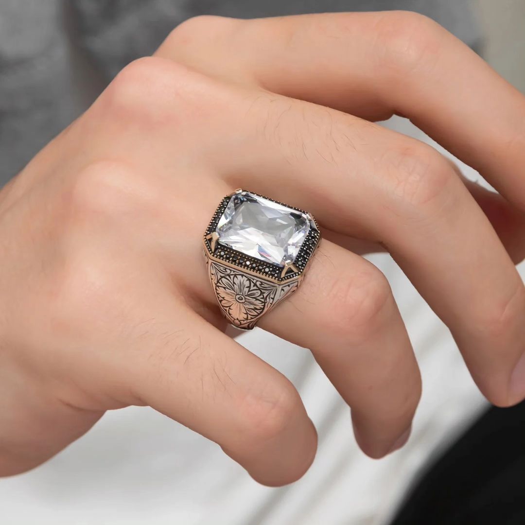 RARE PRINCE by CARAT SUTRA | Unique Designed Turkish Style Ring with White Zirconia | 925 Sterling Silver Oxidized Ring | Men's Jewelry | With Certificate of Authenticity and 925 Hallmark