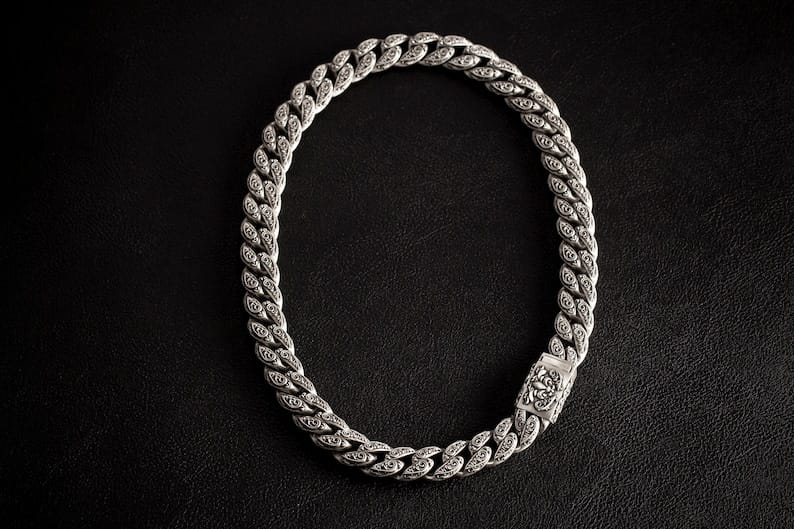 RARE PRINCE by CARAT SUTRA | 16mm Wide Solid Floral Cuban Chain link Necklace | Oxidised 925 Sterling Silver Bracelet | Men's Jewelry | With Certificate of Authenticity and 925 Hallmark