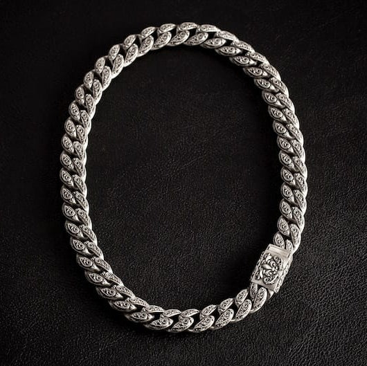 RARE PRINCE by CARAT SUTRA | 16mm Wide Solid Floral Cuban Chain link Necklace | Oxidised 925 Sterling Silver Bracelet | Men's Jewelry | With Certificate of Authenticity and 925 Hallmark - caratsutra