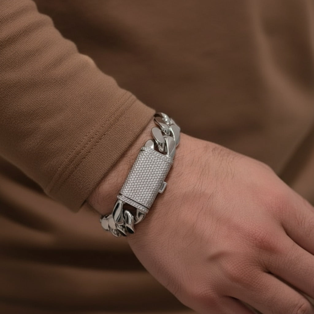 20mm Wide Solid Miami Cuban Link Bracelet with Iced Diamond lock | 925 Sterling Silver Chain | Men's Jewelry | With Certificate of Authenticity and 925 Hallmark