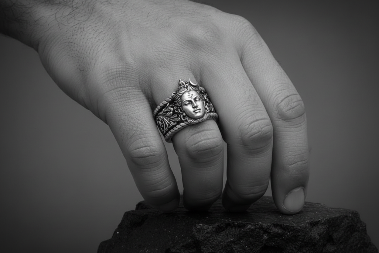 RARE PRINCE by CARAT SUTRA | Unique Designed Solid 3D Shiva Face Band Ring | 925 Sterling Silver Oxidized Ring | With Certificate of Authenticity and 925 Hallmark - caratsutra