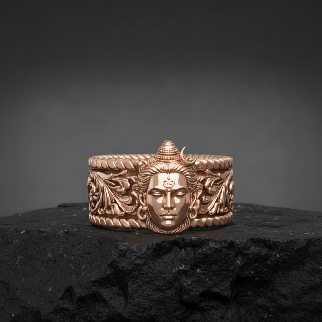 22k Micron Gold Plated, Unique Designed Solid 3D Shiva Face Band Ring | 925 Sterling Silver | With Certificate of Authenticity and 925 Hallmark