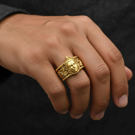 22k Micron Gold Plated, Unique Designed Solid 3D Shiva Face Band Ring | - caratsutra