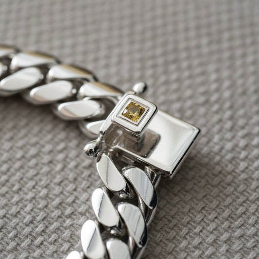 12mm Wide Solid Miami Cuban Link Bracelet with Yellow Citrine stone lock | 925 Sterling Silver Bracelet | Men's Jewelry