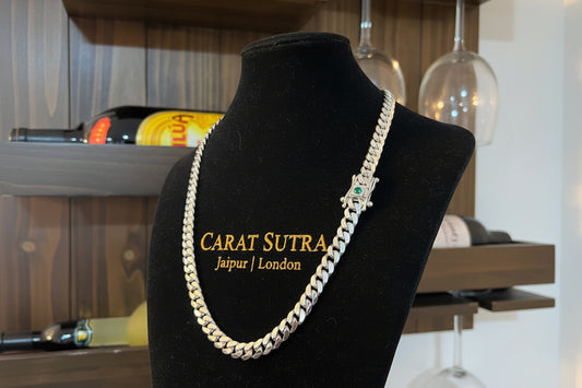 10mm Wide Solid No-Gap Miami Cuban Link Chain with Natural Emerald stone Lock | 925 Sterling Silver Chain | Men's Jewelry | With Certificate of Authenticity and 925 Hallmark - caratsutra