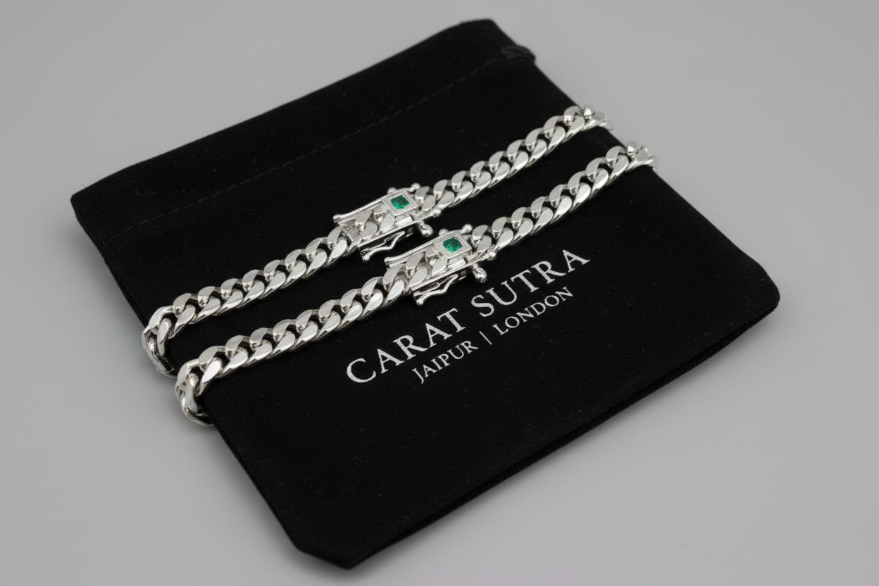 10mm Wide Solid No-Gap Miami Cuban Link Chain with Natural Emerald stone Lock | 925 Sterling Silver Chain | Men's Jewelry | With Certificate of Authenticity and 925 Hallmark - caratsutra