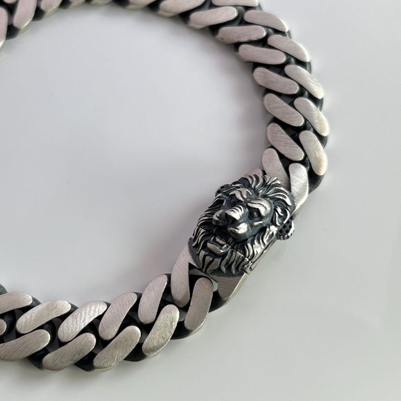 14mm wide Solid. Gunmetal Matt Finish, 925 sterling silver bracelet with Ferocious Lion Face lock, oxidized Cuban design | Sterling Silver Bracelet | With Certificate of Authenticity and 925 Hallmark - caratsutra