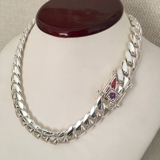 18mm Wide Solid Miami Cuban Link Chain with Amethyst Stone Lock | 925 Sterling Silver Chain | Men's Jewelry | With Certificate of Authenticity and 925 Hallmark - caratsutra