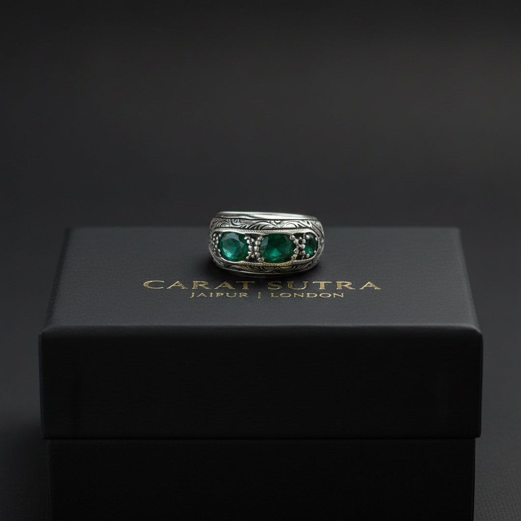 Hand-Engraved Original Emerald Silver Band | 925 Sterling Silver Ring | With Certificate of Authenticity and 925 Hallmark
