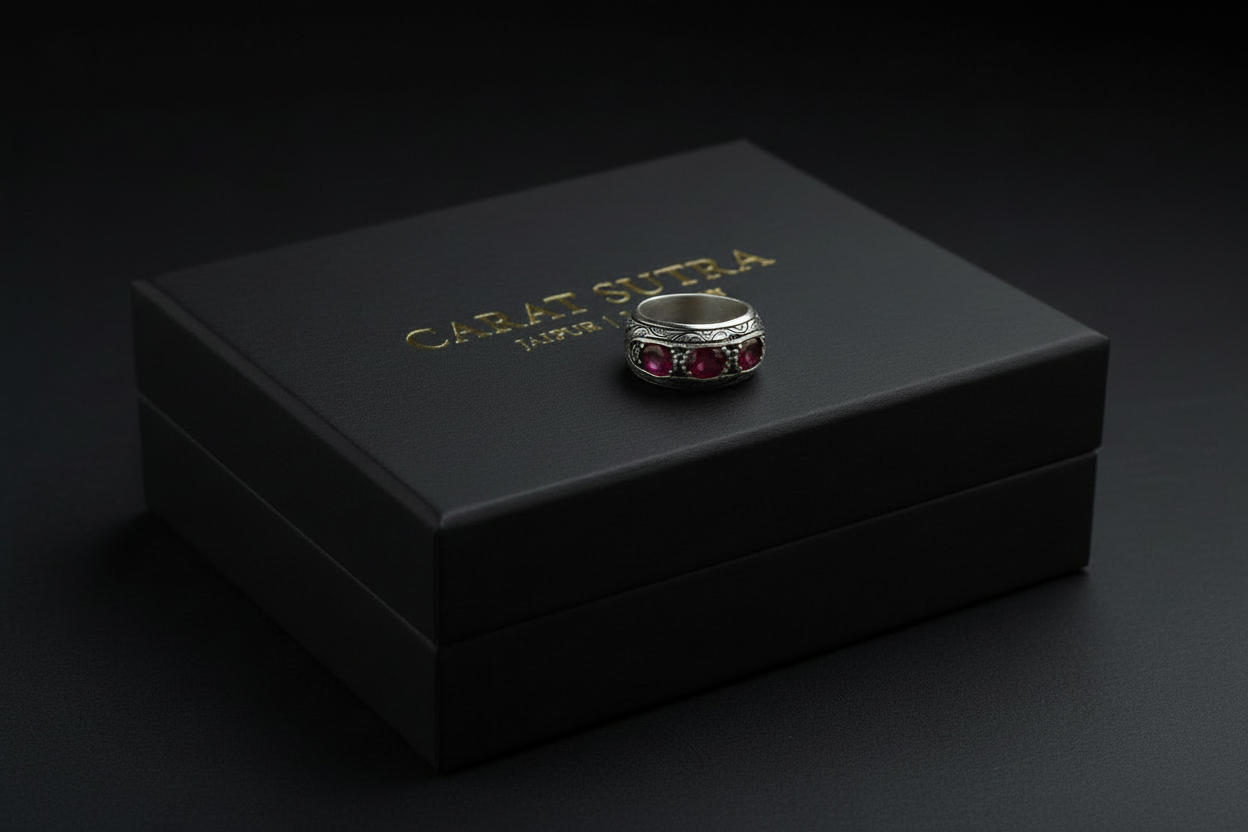 Hand-Engraved Silver Band | 925 Sterling, studded with Original Ruby | With Certificate of Authenticity and 925 Hallmark - caratsutra