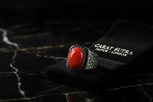 Oval shaped 10ct Natural Red Coral (Moonga) | 925 Sterling Silver Oxidized Ring | With Certificate of Authenticity and 925 Hallmark - caratsutra