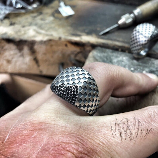 Unique Handmade Turkish Style Ring with Black Zircons | 925 Sterling Silver Oxidized Ring | With Certificate of Authenticity and 925 Hallmark - caratsutra
