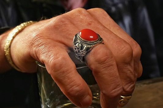 Skull designed Ring with Oval shaped 10ct Natural Red Coral (Moonga) | 925 Sterling Silver Oxidized Ring | With Certificate of Authenticity and 925 Hallmark - caratsutra