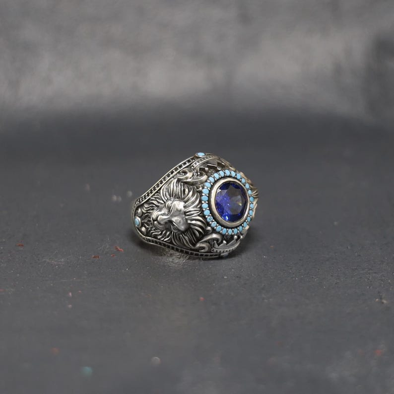 Double Faced Lion Ring with Original Blue Sapphire Stone | 925 Sterling Silver Oxidized Ring | With Certificate of Authenticity and 925 Hallmark - caratsutra