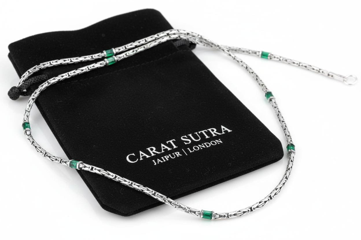 Solid 6mm Byzantine Link Chain, studded with Green Zircon baguette cut | 925 Sterling Silver Chain | With Certificate of Authenticity and 925 Hallmark - caratsutra