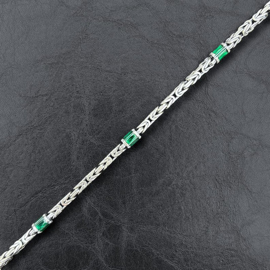 Solid 6mm Byzantine Link Chain, studded with Green Zircon baguette cut | 925 Sterling Silver Chain | With Certificate of Authenticity and 925 Hallmark - caratsutra