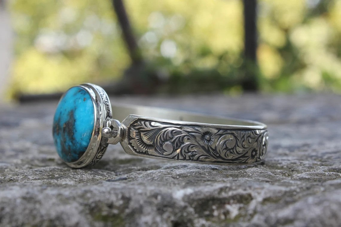 Hand-Engraved Bracelet Cuff with 35 Ct Natural Irani Turquoise | 925 Sterling Silver Bracelet | With Certificate of Authenticity and 925 Hallmark