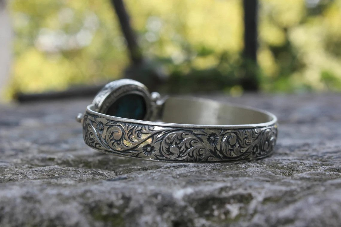 Hand-Engraved Bracelet Cuff with 35 Ct Natural Irani Turquoise | 925 Sterling Silver Bracelet | With Certificate of Authenticity and 925 Hallmark