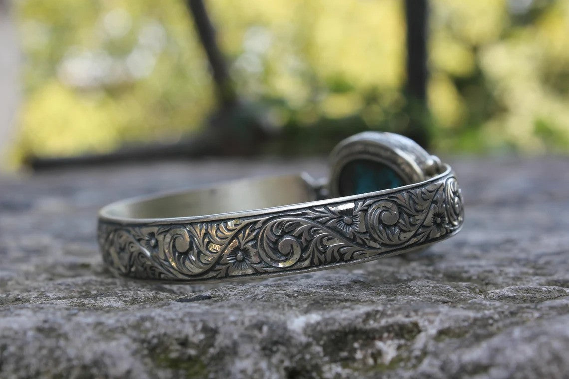 Hand-Engraved Bracelet Cuff with 35 Ct Natural Irani Turquoise | 925 Sterling Silver Bracelet | With Certificate of Authenticity and 925 Hallmark