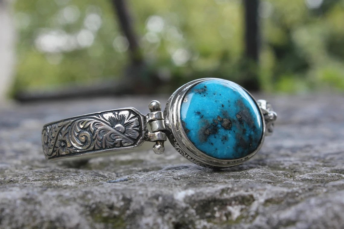 Hand-Engraved Bracelet Cuff with 35 Ct Natural Irani Turquoise | 925 Sterling Silver Bracelet | With Certificate of Authenticity and 925 Hallmark
