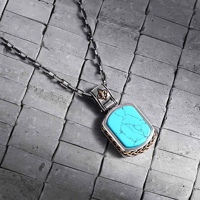 Fluer-de-Lis Designed Silver Pendant in 15ct Natural Irani Turquoise, 925 Sterling Silver Pendant | With Certificate of Authenticity and 925 Hallmark - caratsutra