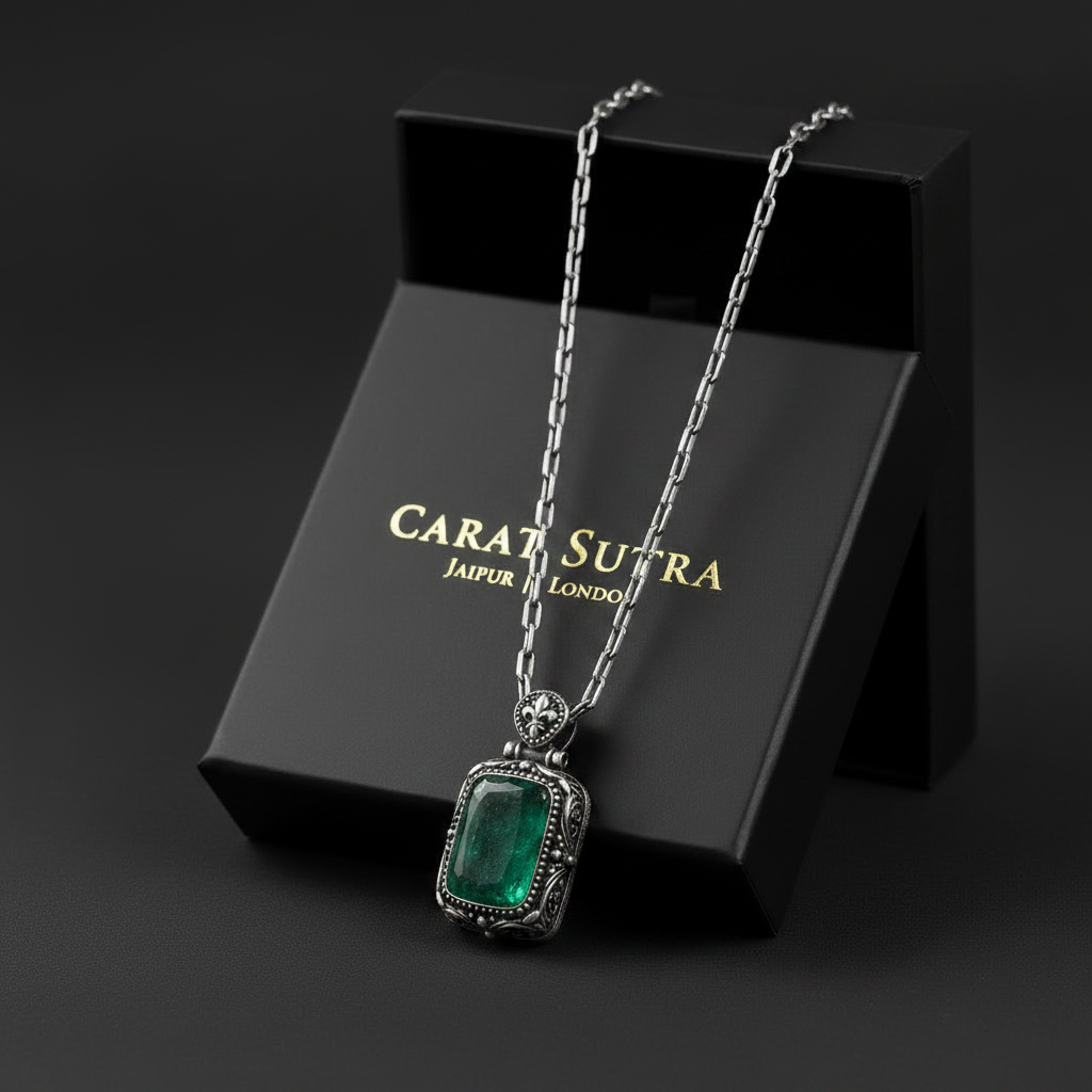 Fluer-de-Lis Designed Silver Pendant in 8.5ct Natural Zambian Emerald, 925 Sterling Silver Pendant | With Certificate of Authenticity and 925 Hallmark