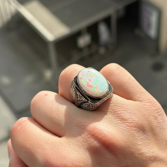 Unique Designed Turkish Style Ring with14ct Fire Australian Opal | 925 Sterling Silver Oxidized Ring | With Certificate of Authenticity and 925 Hallmark - caratsutra