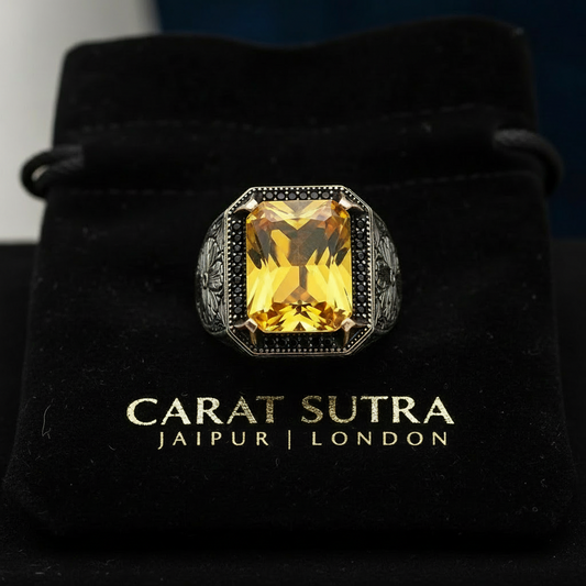 Rectangular Designed Turkish Style Ring with 13 ct Natural Yellow Citrine ,925 Sterling Silver Oxidized Ring | With Certificate of Authenticity and 925 Hallmark