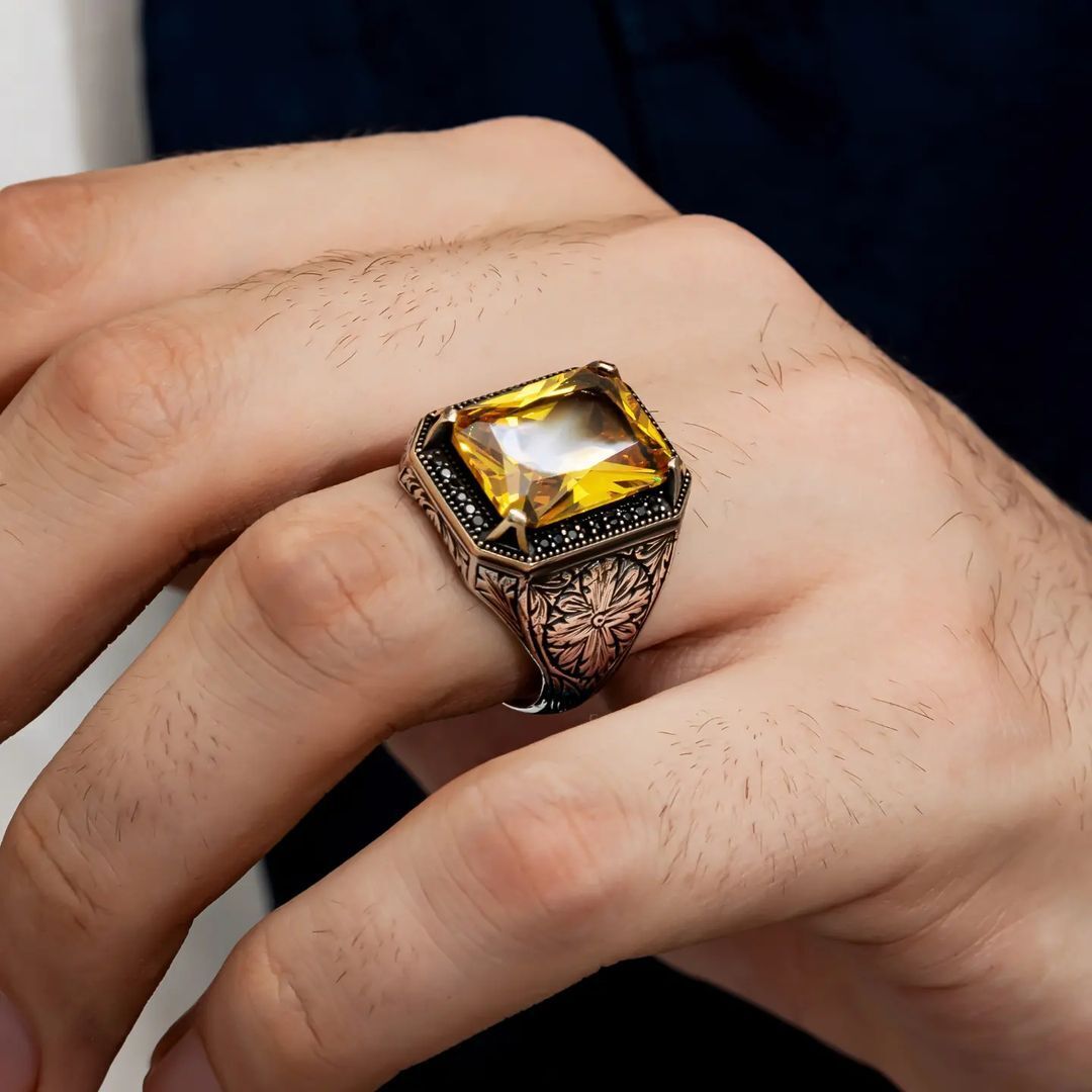 Rectangular Designed Turkish Style Ring with 13 ct Natural Yellow Citrine ,925 Sterling Silver Oxidized Ring | With Certificate of Authenticity and 925 Hallmark