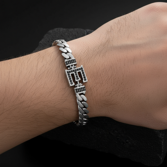 10mm Wide Solid Miami Cuban Link Bracelet with custom name initials studded with AAA black zircons | 925 Sterling Silver Bracelet | With Certificate of Authenticity and 925 Hallmark