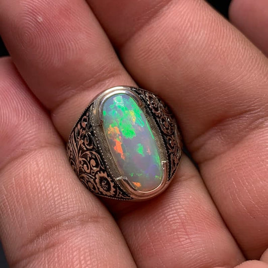 Unique Designed Turkish Style Ring with 15 carats Ethiopean Opal | 925 Sterling Silver Oxidized Ring | With Certificate of Authenticity and 925 Hallmark