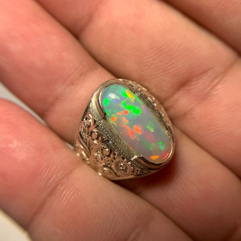 Unique Designed Turkish Style Ring with 15 carats Ethiopean Opal | 925 Sterling Silver Oxidized Ring | With Certificate of Authenticity and 925 Hallmark