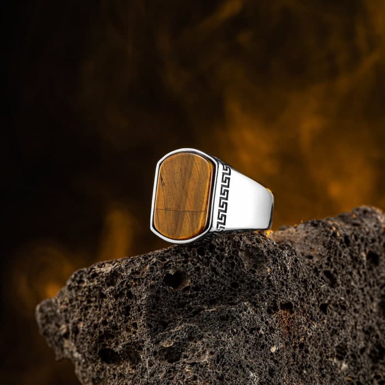 Turkish Style Ring with Natural Tiger Eye Stone | 925 Sterling Silver Oxidized Ring | With Certificate of Authenticity and 925 Hallmark