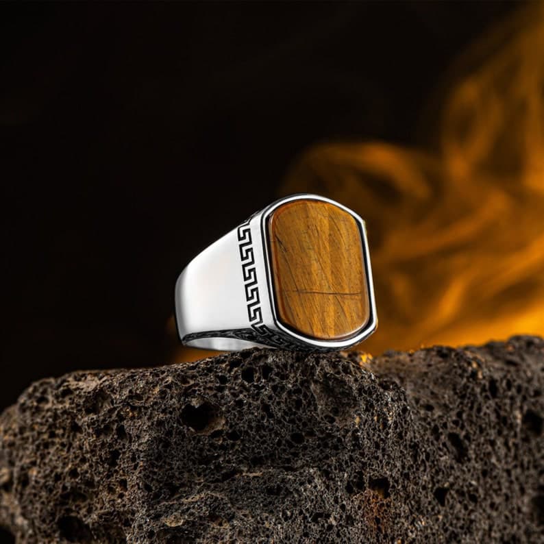 Turkish Style Ring with Natural Tiger Eye Stone | 925 Sterling Silver Oxidized Ring | With Certificate of Authenticity and 925 Hallmark